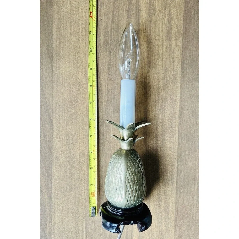 Vintage Retro Brass Pineapple Lamp On‎ Wooden Base Andrea By Sadek Candlestick